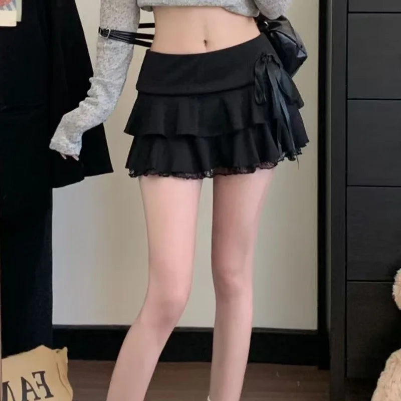 Goth Y2K Black Lace Trim Bow A Line Mini Skirt Women Korean Streetwear