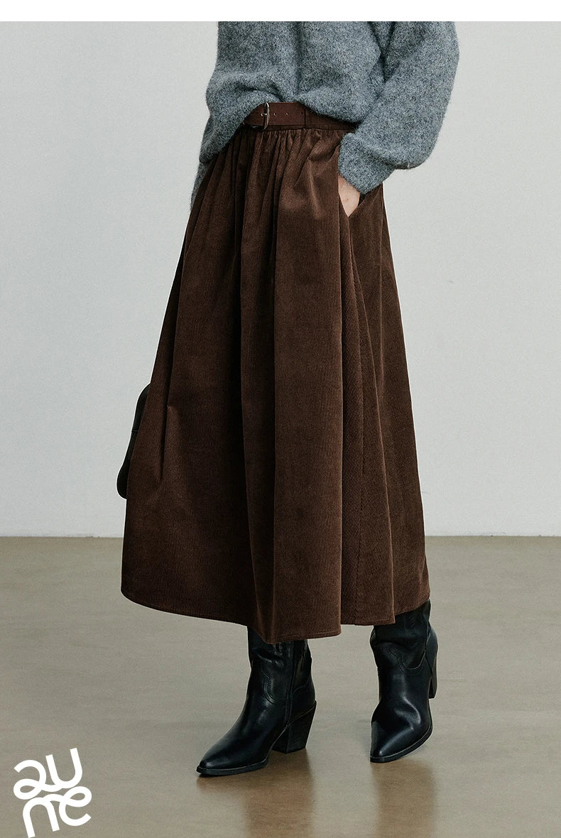 TOYOUTH Women Skirt 2025 Autumn New Corduroy Pure Cotton Ankle Length Umbrella Skirt