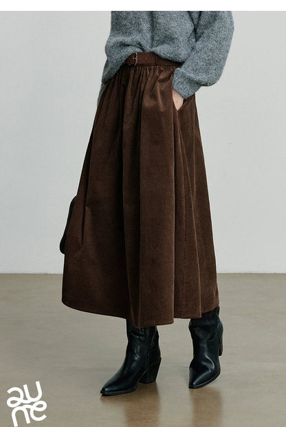 TOYOUTH Women Skirt 2025 Autumn New Corduroy Pure Cotton Ankle Length Umbrella Skirt