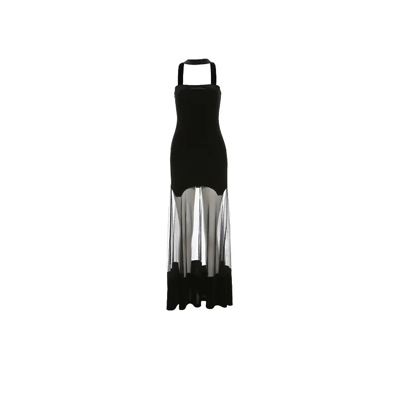 Sylcue Winter Party Black Mysterious Sexy Mature Beautiful Elegant Graceful Sweet Gentle Women'S Halter Tulle Stitching Dress