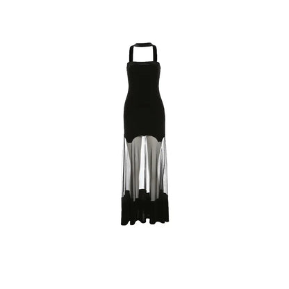 Sylcue Winter Party Black Mysterious Sexy Mature Beautiful Elegant Graceful Sweet Gentle Women'S Halter Tulle Stitching Dress