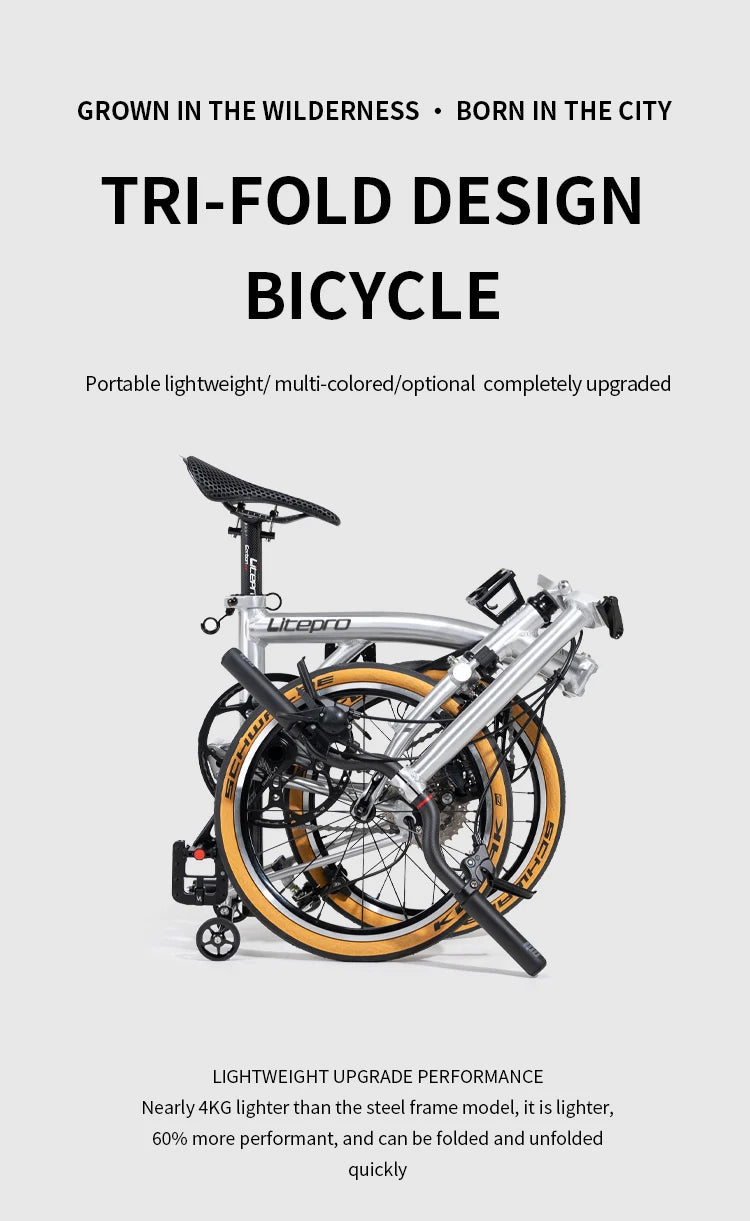 Litepro S9 Aluminum Alloy Frame 16 Inch 9 Speed Tri-fold Bicycle S /Y BAR Light Weight Foldable Bicycle Mini Folding Bike