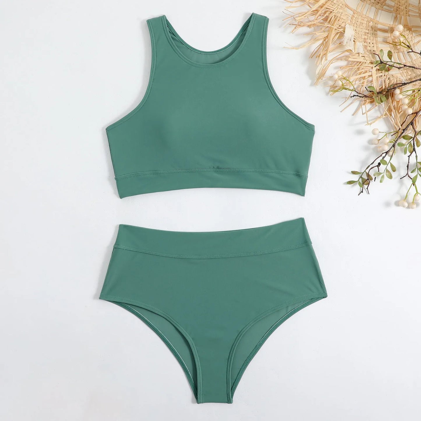 Women'S Solid Color Tank Top Swimsuit Ladies Split High Waist Swimsuit Two-Piece Set Traje De BañO Mujer Biquinis Feminino