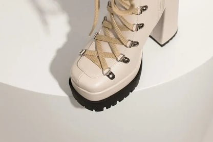 Modern Western Mature Punk Goth Female Winter Super Block High Heeled Shoes Square Toe Lace-up Platform Heels Boots