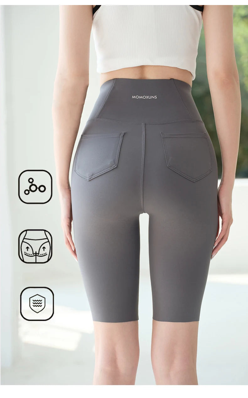 BIVIGAOS Summer New Back Pocket Sharkskin Cycling Shorts Women Cool Knee Length Short Leggings Casual Elastic Sport Biker Shorts
