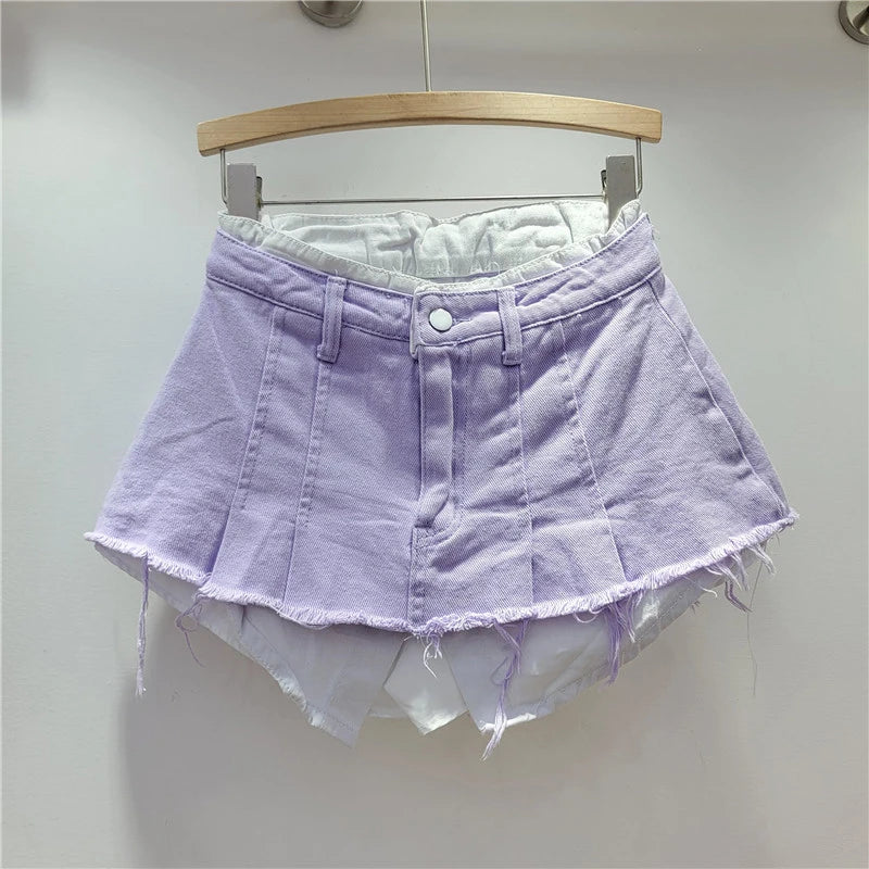 KBQ Temperament Slim Fit Denim Mini Slirts For Women High Waist Spliced Button Daily Casual Commute Skirt Female Fashion Style