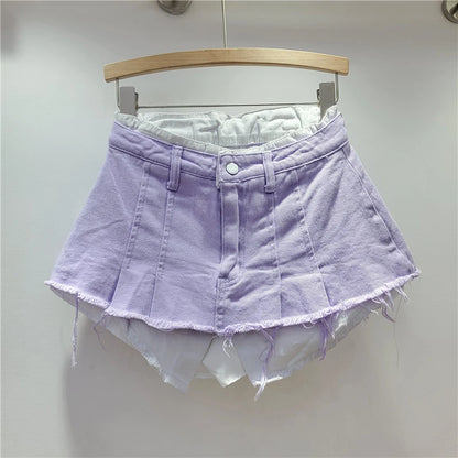 KBQ Temperament Slim Fit Denim Mini Slirts For Women High Waist Spliced Button Daily Casual Commute Skirt Female Fashion Style