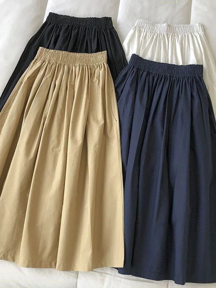 2025 New Casual Elegant High Waist A Line Skirts Women Solid Color Long Skirt Fashion Pockets Pleated Knee Length Skirts Autumn