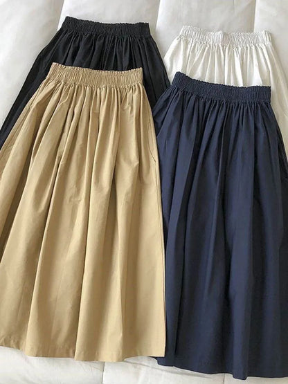 2025 New Casual Elegant High Waist A Line Skirts Women Solid Color Long Skirt Fashion Pockets Pleated Knee Length Skirts Autumn