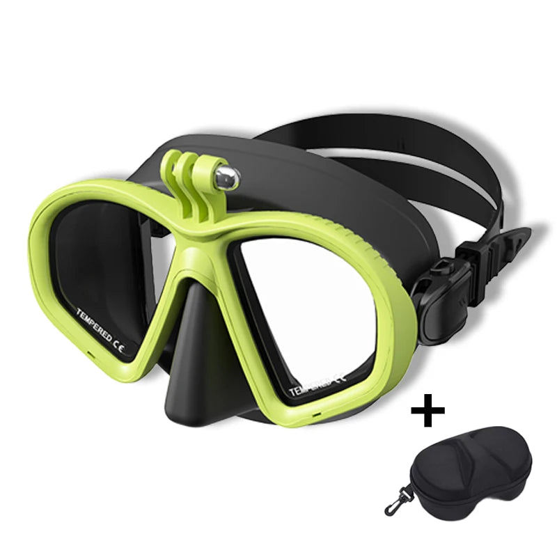 Professional Wet Low Volume Freediving Mask, Tempered Glass dive Mask, J-Type Diving Mask, Snorkel Set, With Go-Pro Camera Mount