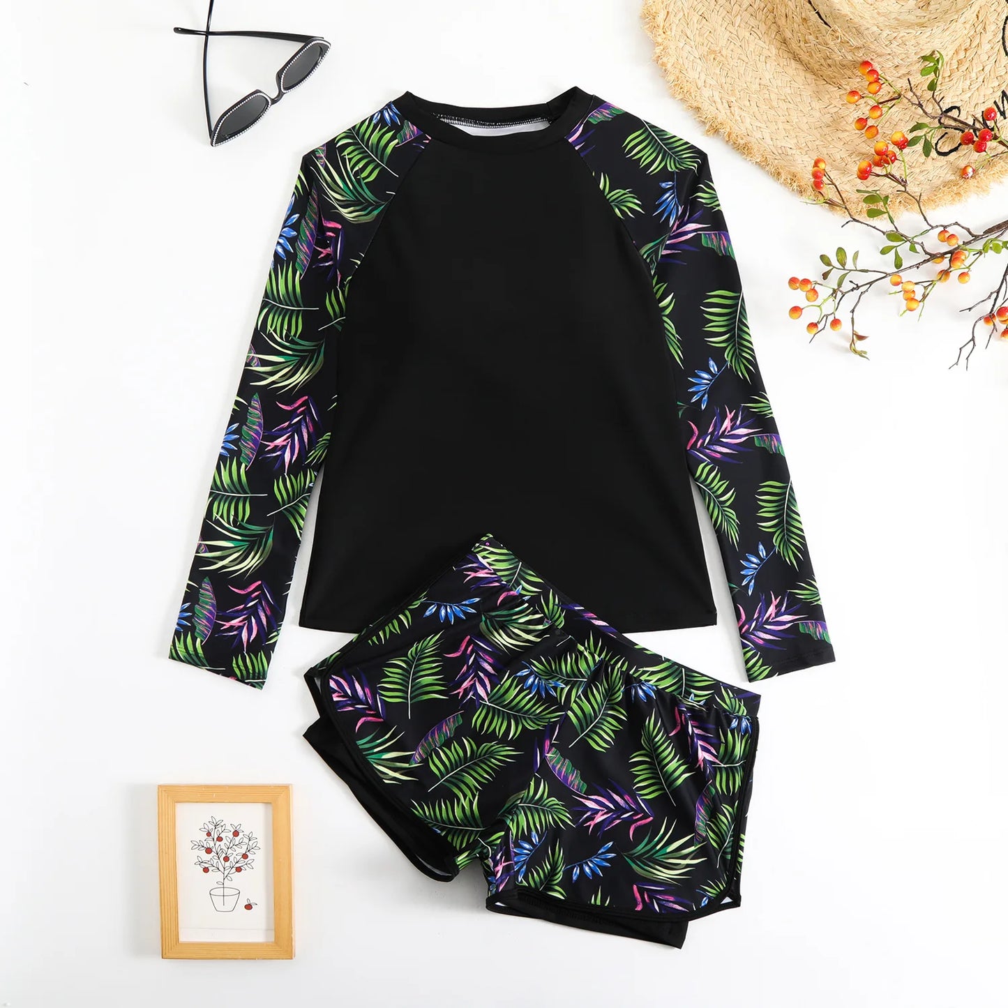 New 2026 Women's Vintage Print Swimsuit Rash Guards Long Sleeve Swimwear Surfing Sports Pool Swimming Suit Two-Piece Bath Suits