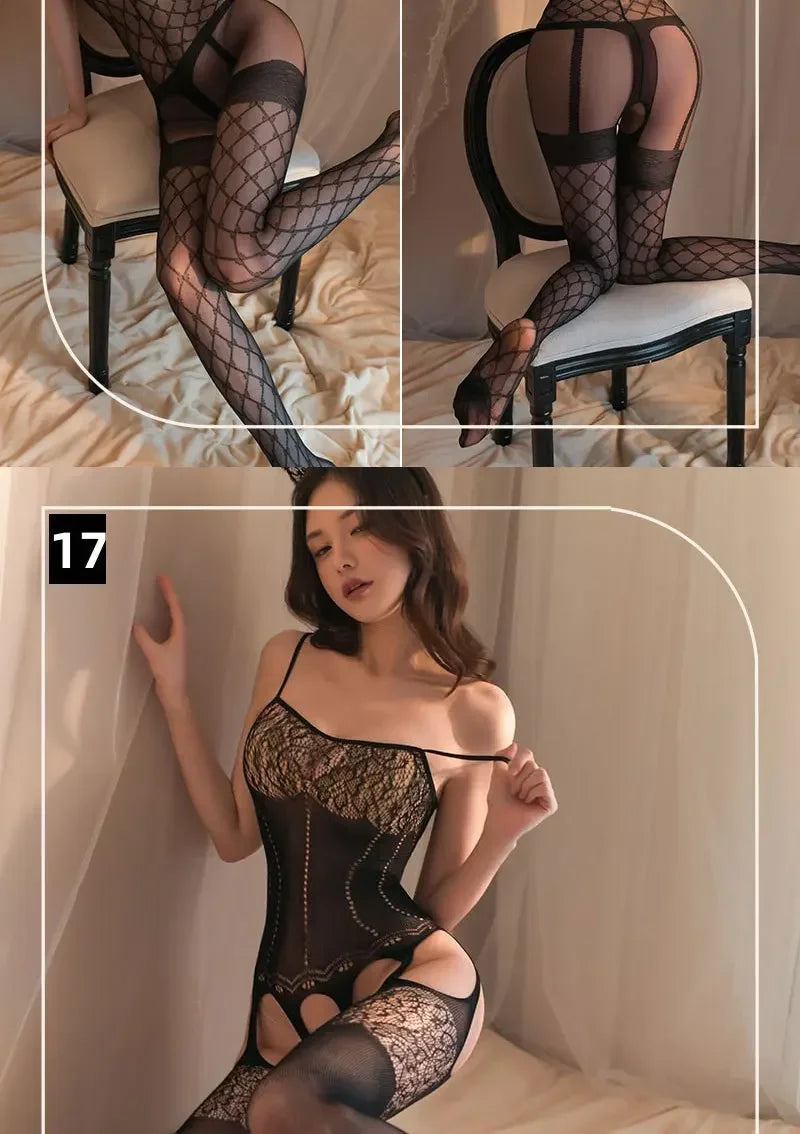 18 Style Sexy Bodystockings Bodysuit Sexy Women Erotic Babydoll Mesh Fishnet Full Body Stocking Stretch Open Crotch Tights