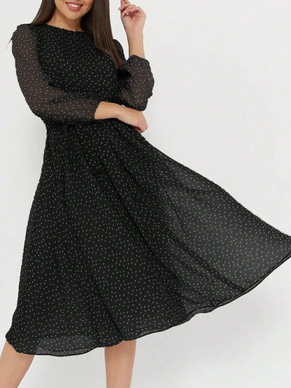 Print Dot Dress Women Casual Long Sleeve Round Neck Midi Dresses Lace Up Vocation Elegant Vestidos Summer 2025 Y2k Streetwear