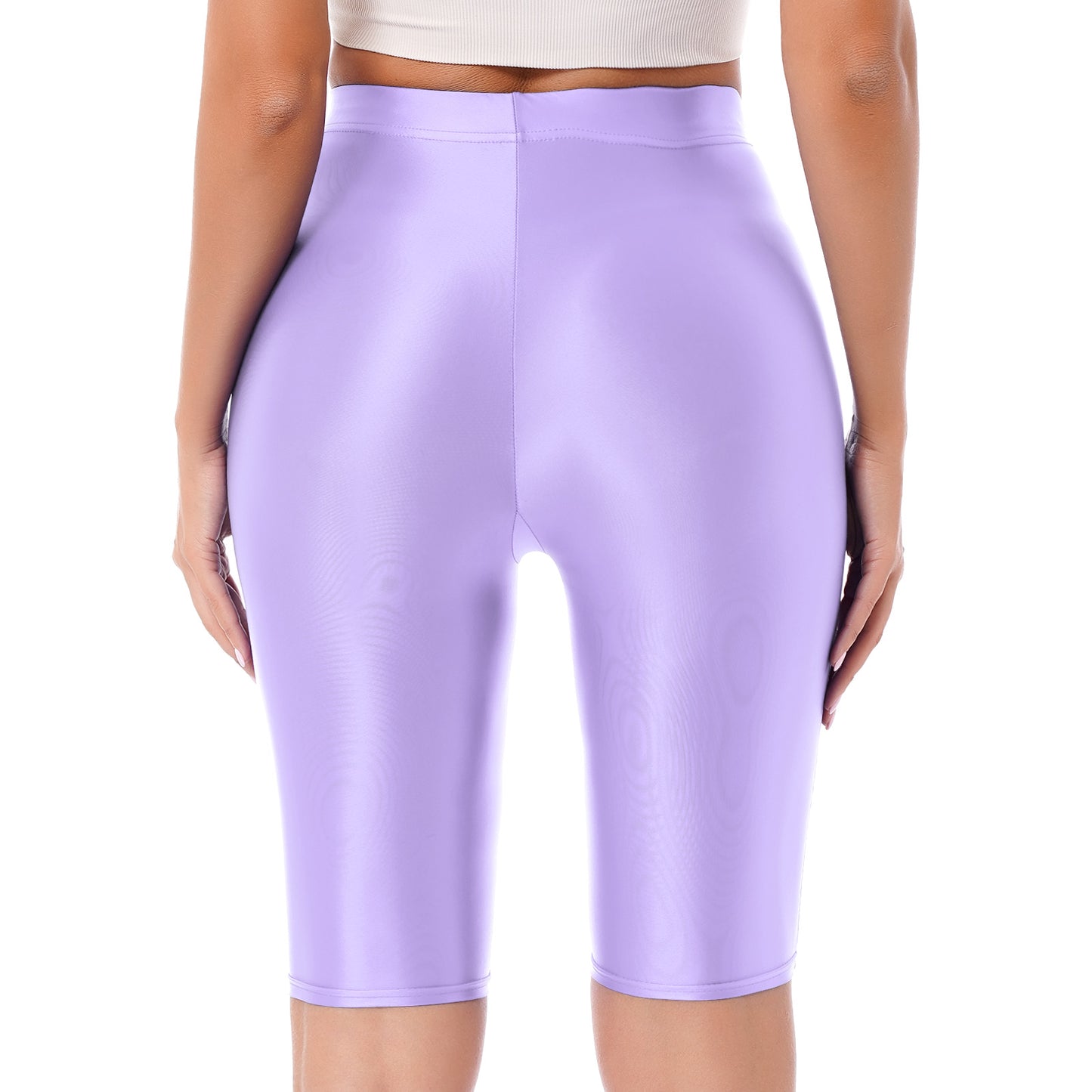 Women Glossy Shorts High Waist Fitness Short Leggings Oil Shiny Knee-Length Tights Swimming Trunks Female Workout Sports Bottoms