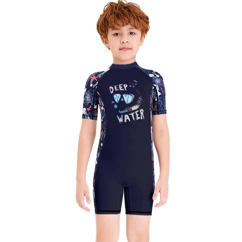 One-Piece Swim Suits Sportswear Girls Boys Summer Swimwear Children Swimsuits Kid Short Sleeve Quick Drying Sun Protection