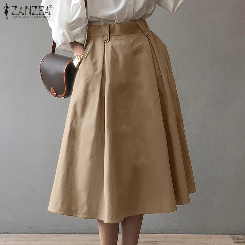 Women Elegant Office Work Skirts ZANZEA Autumn Summer High Waist Faldas Saia Jupe Casual Solid Midi Skirt Fashion Party Sundress