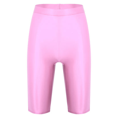 Women Glossy Shorts High Waist Fitness Short Leggings Oil Shiny Knee-Length Tights Swimming Trunks Female Workout Sports Bottoms