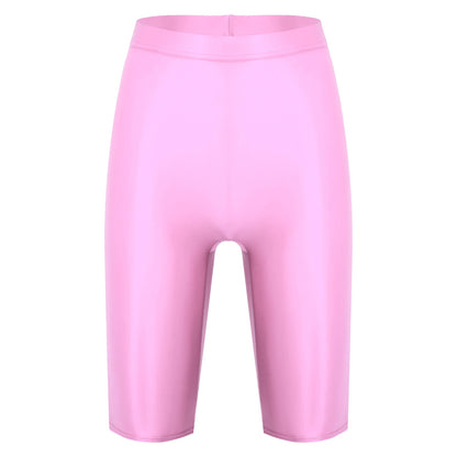 Women Glossy Shorts High Waist Fitness Short Leggings Oil Shiny Knee-Length Tights Swimming Trunks Female Workout Sports Bottoms