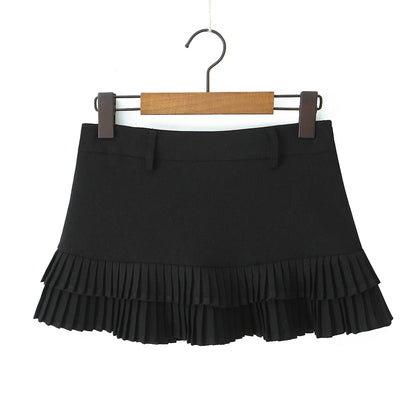 Summer Clothes Tweed Pleated Skirt Women Black Mini Skirts For Woman Preppy Low Waist Pleated Layered Casual Short Skirts Blue