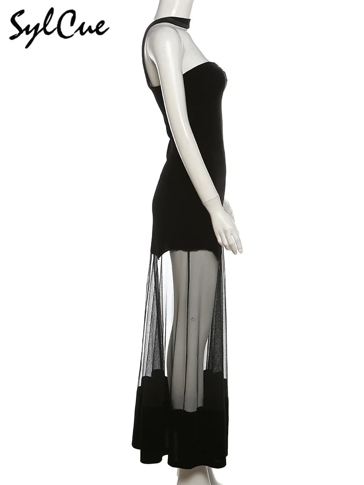 Sylcue Winter Party Black Mysterious Sexy Mature Beautiful Elegant Graceful Sweet Gentle Women'S Halter Tulle Stitching Dress