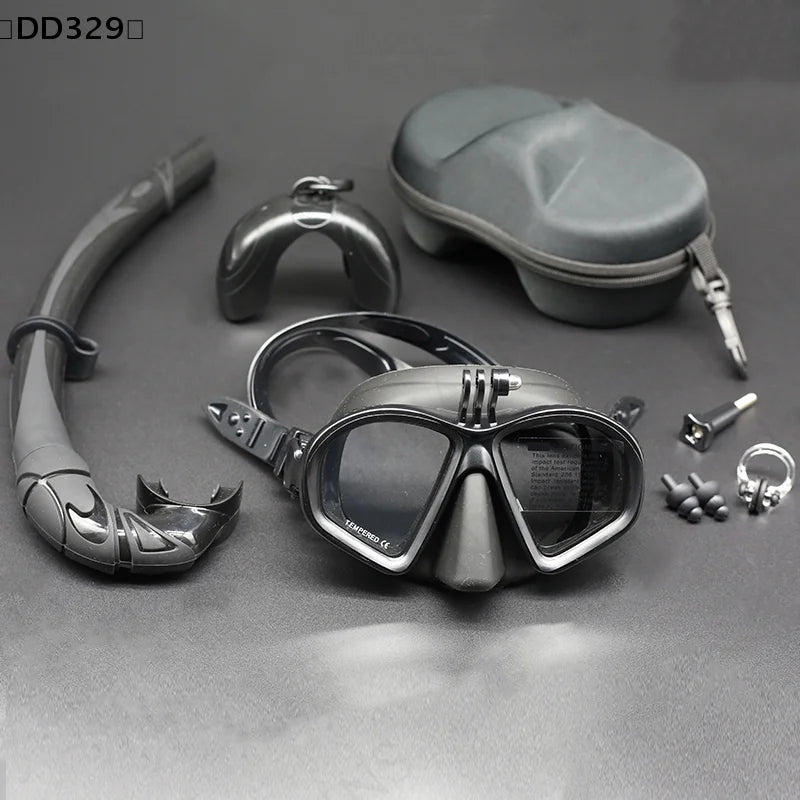 Tempered Glass Freediving Mask Snorkeling Set Foldable Snorkel J-type Diving Mask With Camera Mount〔DD329〕