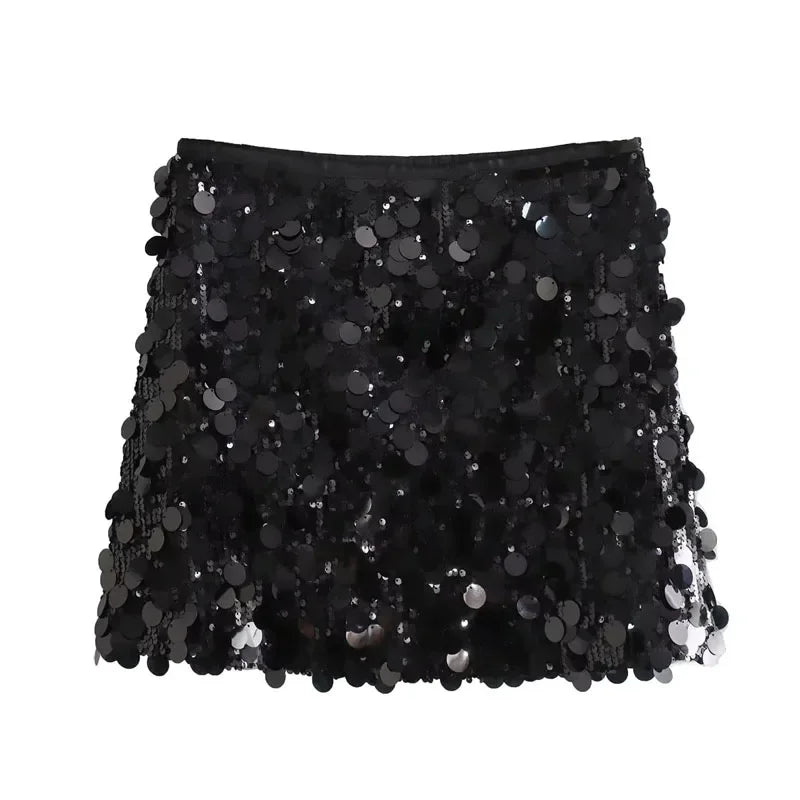 HXAO Woman Skirt Sequin Black Mini Skirt Shiny Silver Short Skirts Women High Waist Party A Line Skirt Glitter Women's Skirts