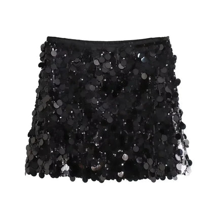 HXAO Woman Skirt Sequin Black Mini Skirt Shiny Silver Short Skirts Women High Waist Party A Line Skirt Glitter Women's Skirts