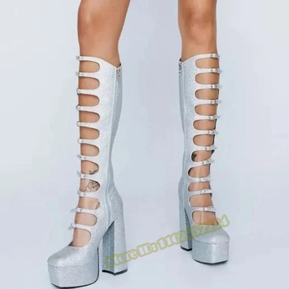 Crystal Bling Knee High Sandals Boots Thick Sole Platform Chunky High Heels Solid Buckles Straps Sandals Women Sexy Shoes Summer