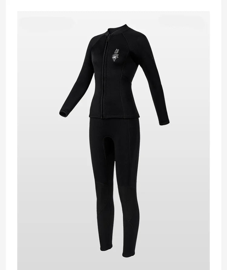 Women's 3mm Two-Piece Diving Suit Long Sleeve Coldproof Wetsuit Top Pants for Snorkeling Surfing Swimming