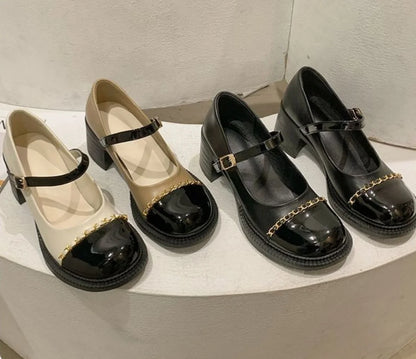 Women's Summer Footwear On Heeled Round Toe Shoes For Woman 2025 Gothic Mary Jane Pumps High Heels Luxury Leather Casual Black A