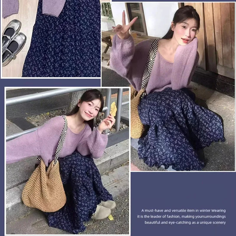 New Elegant Dark Blue Floral Women High-Waisted Retro Blue Floral Skirt Female A-line Skirt Casual Lazy Wind Long Skirt
