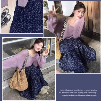 New Elegant Dark Blue Floral Women High-Waisted Retro Blue Floral Skirt Female A-line Skirt Casual Lazy Wind Long Skirt