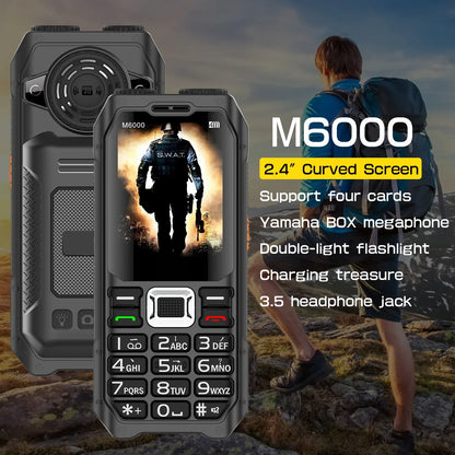 Rugged Outdoor Mobile Phone 4 Quad Sim Voice Changer Dual Torch Loudspeaker Large Button Powerbank Large Battery SOS Call Mobile