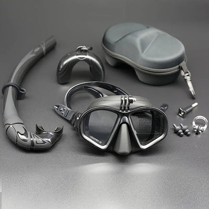 Professional Wet Low Volume Freediving Mask, Tempered Glass dive Mask, J-Type Diving Mask, Snorkel Set, With Go-Pro Camera Mount