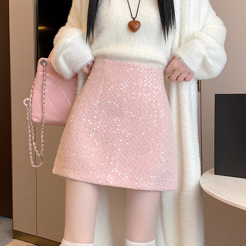 Fashion Y2K Streetwear Winter Mini Skirt Women Glitter Sequin Bodycon Tweed Skirts With Shorts A-Line Pink White Black Faldas