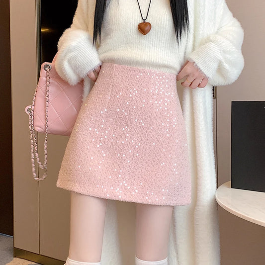 Fashion Y2K Streetwear Winter Mini Skirt Women Glitter Sequin Bodycon Tweed Skirts With Shorts A-Line Pink White Black Faldas