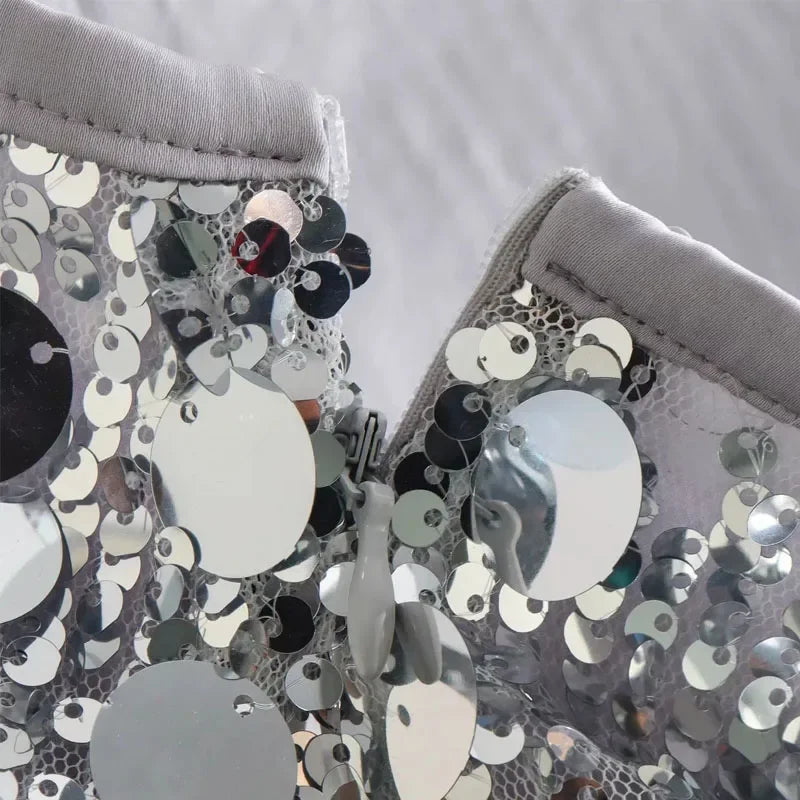 HXAO Woman Skirt Sequin Black Mini Skirt Shiny Silver Short Skirts Women High Waist Party A Line Skirt Glitter Women's Skirts