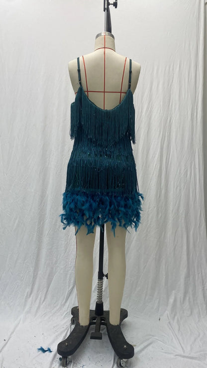 Summer Fashion Elegant Tassel Sequin Dress Women's Sexy Slim Sleeveless V-neck High Waist Suspender Feather Stitching Dresses