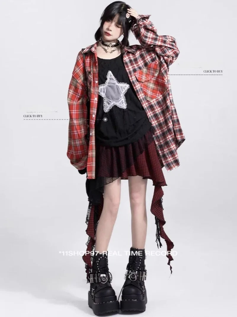 Y2K Skirts for Women Japanese Sweet Harajuku Mujer Faldas Punk Irregular Aesthetic Skirt Gauze Patch Plaid Vintage Faldas