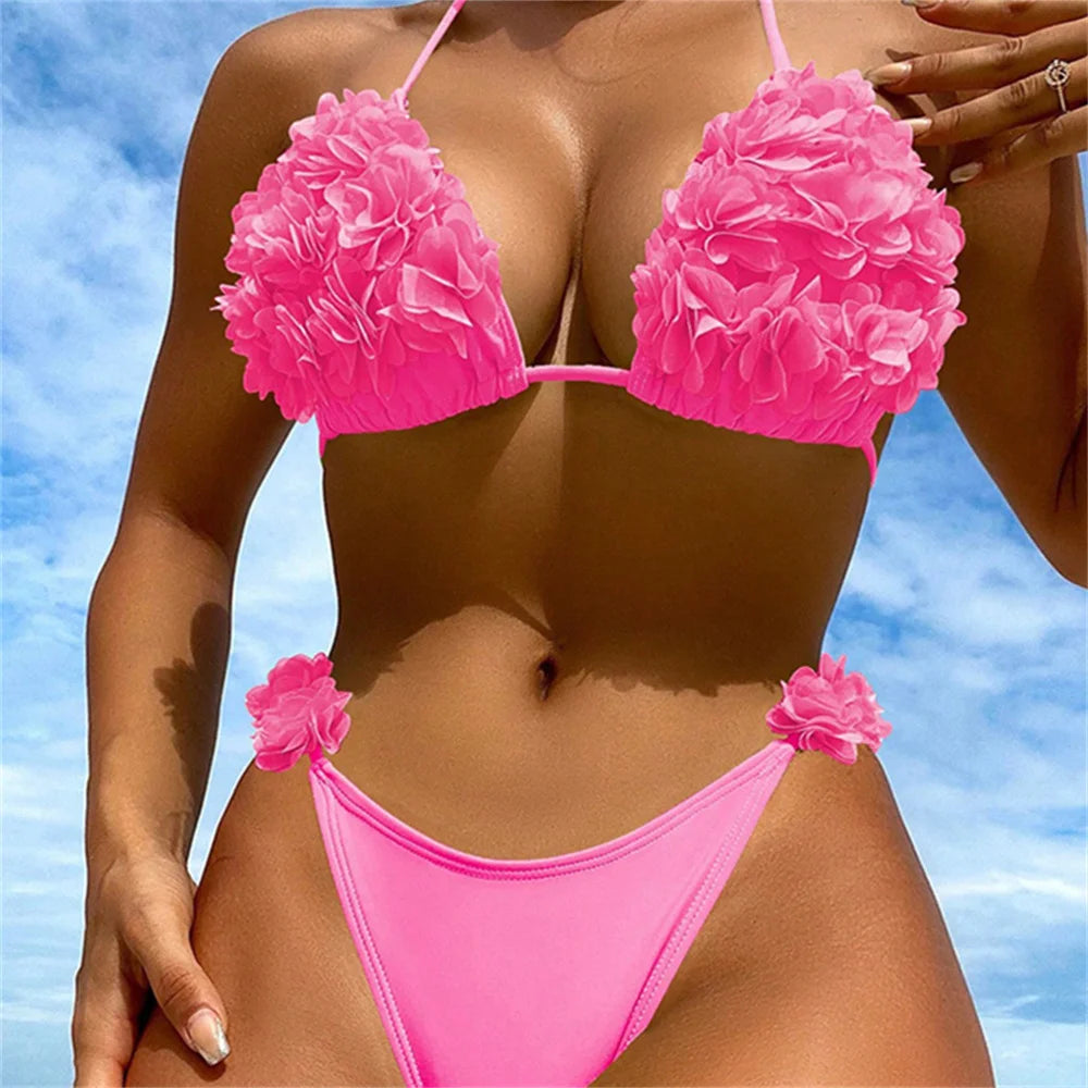 3D Flowers Bikini Top Set Halter String Extreme Backless Y2K Swimsuit Push Up Vacation Outfits Women Swimwear Beach Bathing Suit