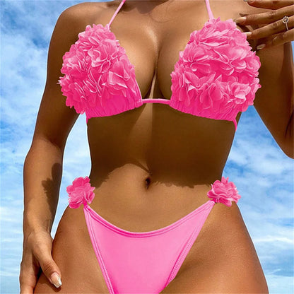 3D Flowers Bikini Top Set Halter String Extreme Backless Y2K Swimsuit Push Up Vacation Outfits Women Swimwear Beach Bathing Suit