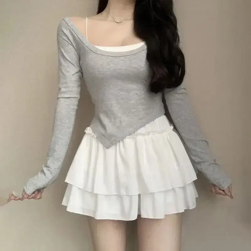 Summer Kawaii Pleated A-Line Skirt for Women White Ruffle Tiered Sweet Style Elastic Waist Summer Slim Korean Harajuku Dress