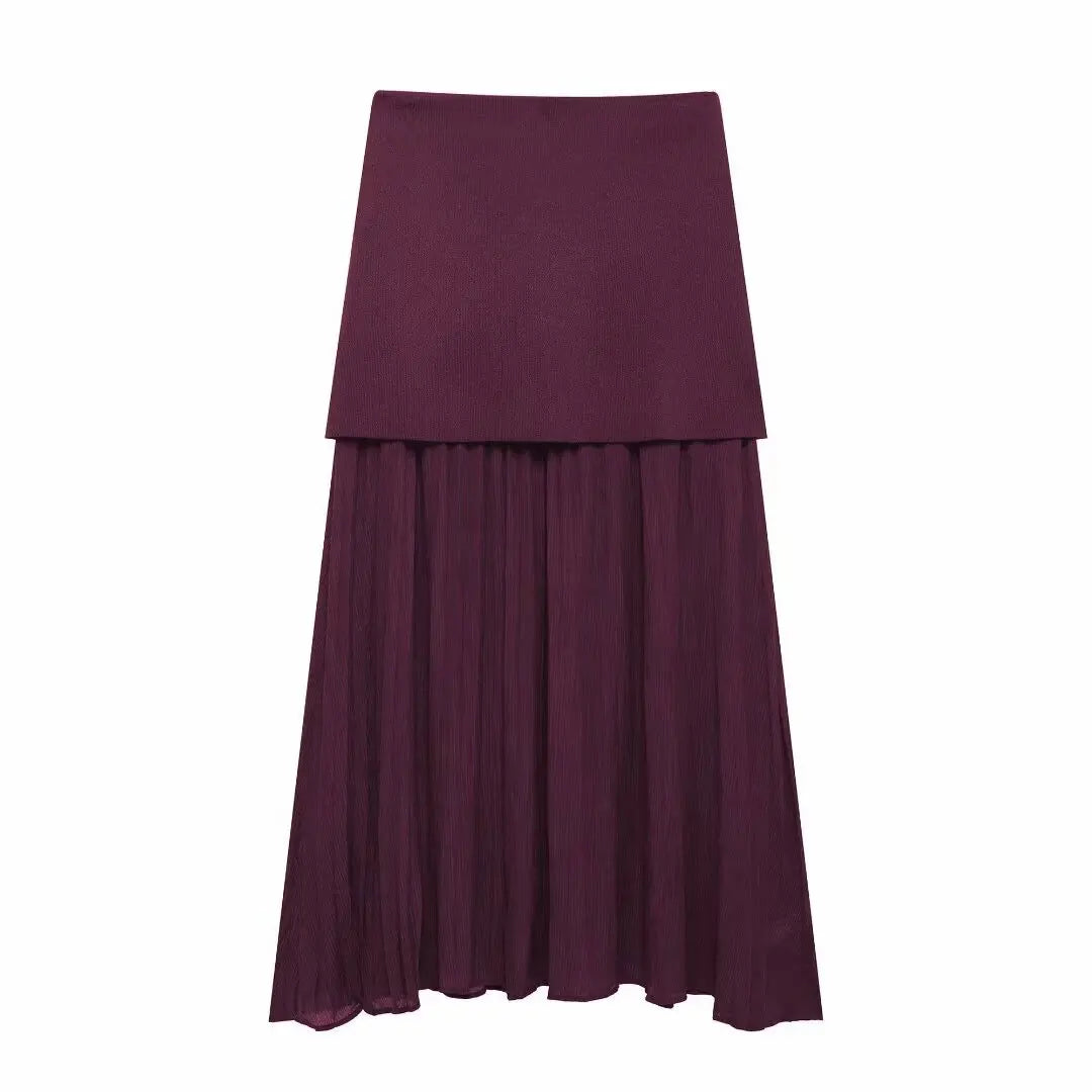 HH Elegant Midi Skirt For Women Fashion Solid A-line High Waist Pleated Side Zipper Long Skirt Vintage Skirts Chic Bottom
