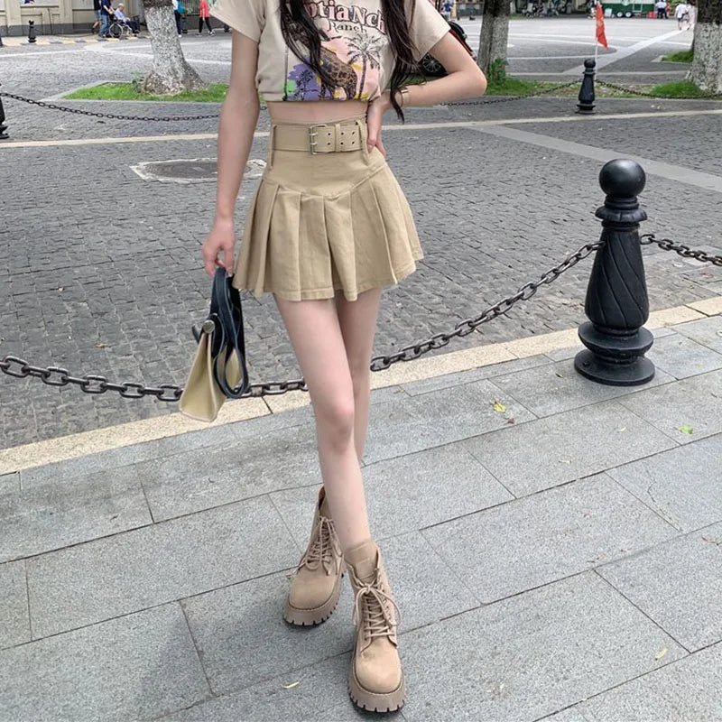 Lucyever Korean High Waist Pleated Skirts Women Summer Khaki Black with Belt A-Line Skirt Woman All-Match Streetwear Mini Skirt