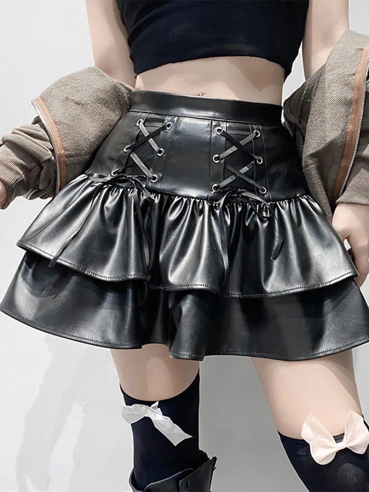 AltGoth Mall Goth Punk PU Skirt Women Dark Gothic Vintage Bandage High Waist Lolita Skirt Harajuku Streetwear Emo Alt Clubwear