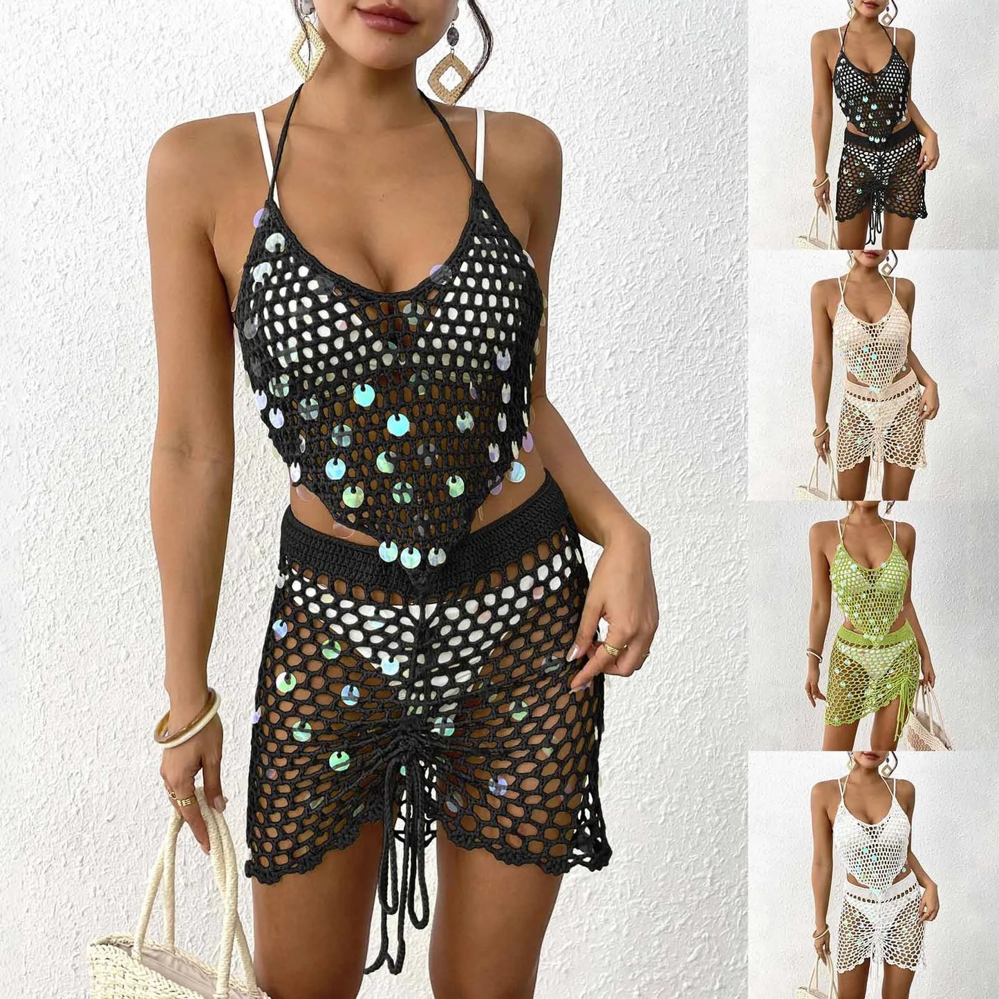Hollow Out Crochet Bikini Two-Piece Cover Up Shirt Womens' Swimwear Set Sequin Splicing Vacation Beach Set Summer Swimsuits