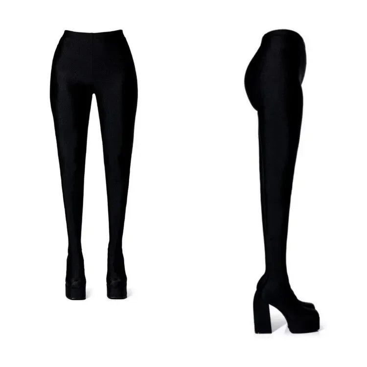 2024 New Pants Jumpsuit Boots Elastic Cloth Boots Racing Party Super Cool Square Head Waterproof Platform Thick Heel Boots 35-46
