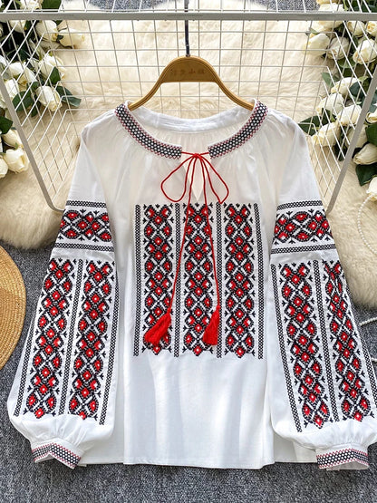 Women Autumn Blouse Bohemian Retro Ethnic Style Embroidered Shirt Loose Lantern Sleeve Top Female Pullovers 3 Colors BL246