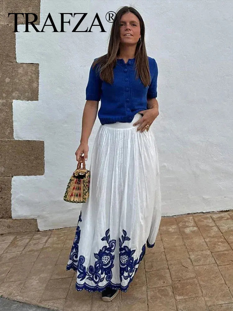 HH Blue Floral Embroidery Skirt For Women Fashion Casual Loose Elastic Waist Skirt Pleated Woman High Waist Midi Skirts