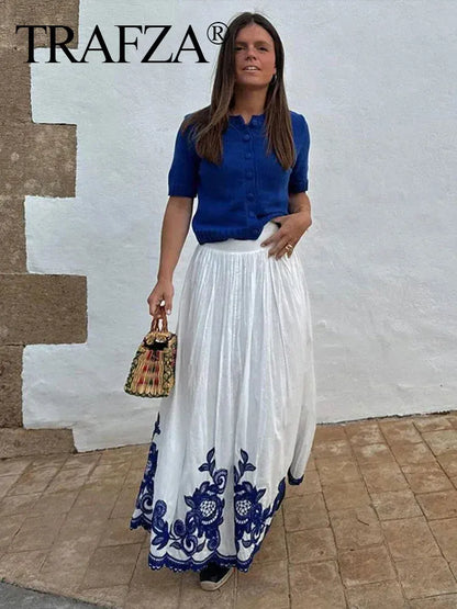 HH Blue Floral Embroidery Skirt For Women Fashion Casual Loose Elastic Waist Skirt Pleated Woman High Waist Midi Skirts